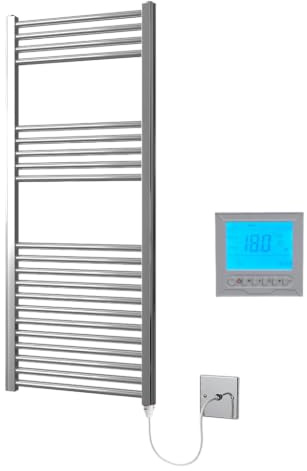 Greened House Chrome Electric Heated Towel Rail 500mm W x 1200mm H + Timer | Includes 7 Day Timer/Thermostat, Flat, Bathroom, Straight, Towel Warmer