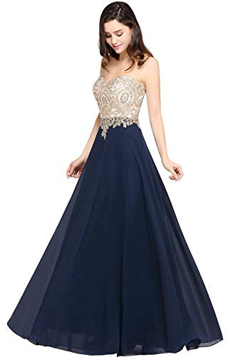 MisShow - Elegantes langes Abendkleid mit durchbrochenem floralem Applikations-Muster aus Musselin, Marineblau, 32