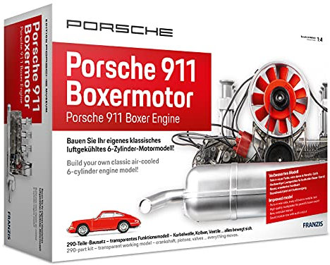 FRANZIS 67140 - Porsche 911 Boxermotor, originalgetreuer Motorbausatz des klassischen, luftgekühlten 6-Zylinder Motors im Maßstab 1:4, inkl. Soundmodul, Anleitung und 86-seitigem Begleitbuch