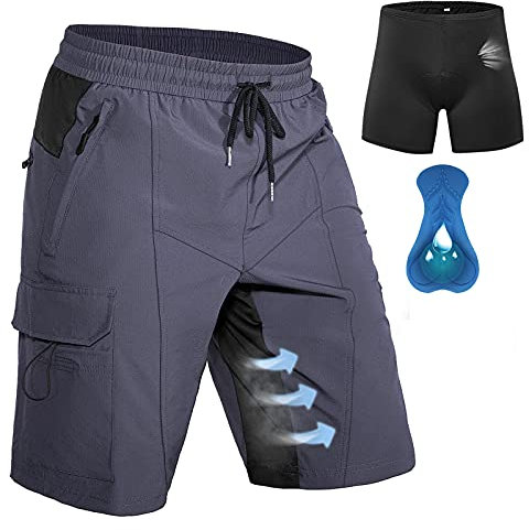 Hiauspor Herren MTB Hose Kurz Gepolstert Mountainbike Hose mit Polster Fahrradhose Herren Atmungsaktiv Radhose Outdoor Schnelltrocknend Radlerhose (Grau,3XL)