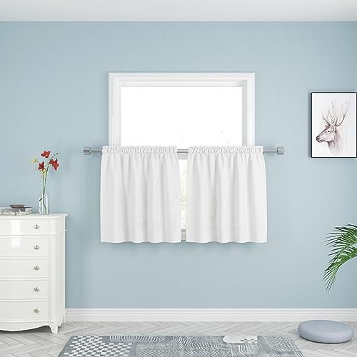 UPOPO White Kitchen Tier Curtains 24 inches Long Over Sink Linen Textured Cafe Curtains Short Caravan Bathroom Privacy Small Mini Half Window Curtain Basement 2 Panels Rod Pocket