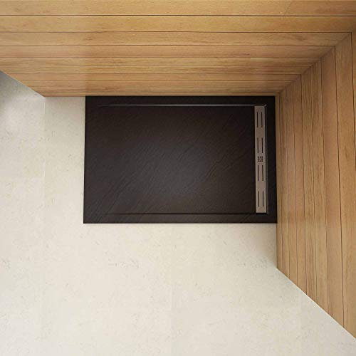 Piatto Doccia Rettangolare 90x70cm in Pietra Vulcanica e Resina Mista Finitura Pietra Nera Ruvida Ultraslim 3 cm