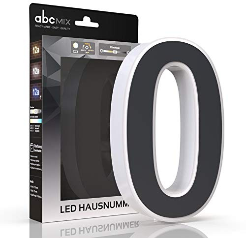 abcMIX LED Hausnummer, personalisierbare beleuchtete Hausnummer, Hausnummernleuchte mit LED - Hausnummer 0, Farbe ANTHRAZIT, Lichtfarbeneinstellung, Dimmbarkeit