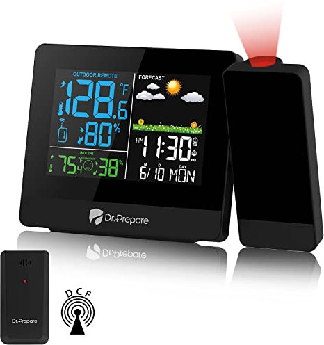 DR.PREPARE Sveglia con Proiettore Sveglia Proiezione Soffitto con Stazione Meteo Sensore Esterno Visualizza Temperatura Umidità Interna e Esterna per Camera da Letto Comodino.