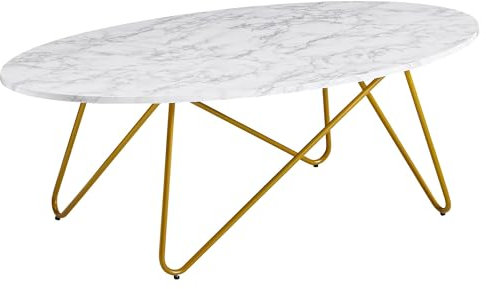 Wohnling Couchtisch 120x40x60 cm mit Marmor Optik Weiß, Wohnzimmertisch mit Metall-Gestell, Sofatisch Oval Tisch Wohnzimmer, Loungetisch
