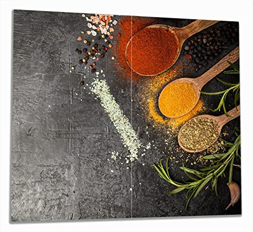 Wallario Herdabdeckplatte/Spritzschutz aus Glas, 2-teilig, 60x52cm mit 8mm hohen Füßen, für Ceran- und Induktionsherde, Löffel mit verschiedenen Gewürzen