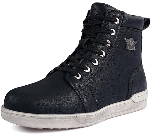 Men's Motorcycle Riding Shoes Street Riding Shoes Breathable Biker Boots Sneakers Powersports Footwear, Black Faux Leather Lace Up Boots with Ankle Support for Men, Anti-Slip Sole, Side Zipper