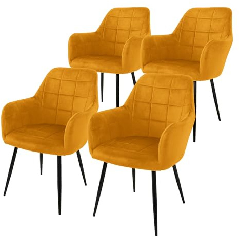 ECD Germany 4er Set Esszimmerstühle mit Rücken- und Armlehnen, Senf, Küchenstühle mit Samtbezug, Polsterstühle mit Stahlgestell, Ergonomische Stühle für Esstisch, Wohnzimmerstühle Esszimmerstuhl