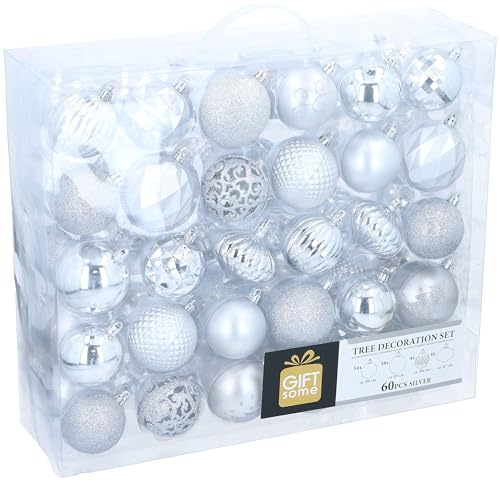 Giftsome 60 Weihnachtskugeln Set - Christbaumkugeln Silber - Weihnachtsbaum Deko - Christbaumschmuck - weihnachtsbaumkugeln - Für den Innen- und Außeneinsatz - Kunststoff