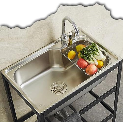 HCZION Freistehende Spüle Waschbecken Außen Spülbecken Aus Edelstahl, Küchenspüle Einzelbecken Ausgussbecken Edelstahlspüle Für Werkstatt, 50cm/60cm (Color : Cold, Size : 48x35cm/18.9x13.8in)