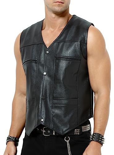 Casey Kevin Chaleco de motociclista de cuero para hombre para montar y corte de moda de estilo chaleco 4 bolsillos Chalecos para moto Negro(M-XXL)