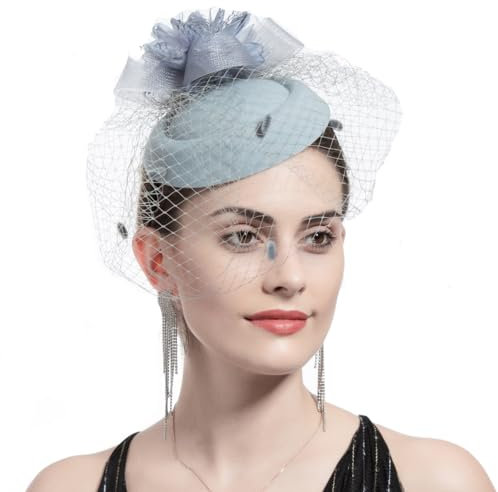 Wambere Damen Fascinator Hut,Vintage Schleier Mesh Federn Blume Clip Stirnband,Fascinator Braut Kopfschmuck,für Frauen und Mädchen für Hochzeit Cocktail Tee Party Kirche Karneval Cosplay,Grau
