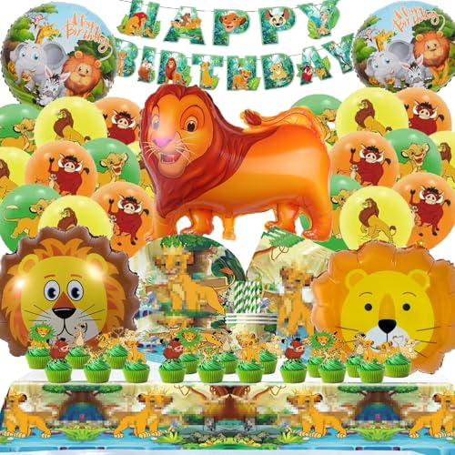 IXOKEV 101 PCS Lion Geburtstagsdeko, Löwen Deko Geburtstag, Lion Geburtstag Partygeschirr Set, G-eburtstag Luftballons, Party Deko mit Teller Servietten Tischdecke Banner Ballon kuchendeko
