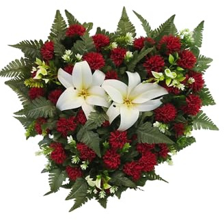 DRW Doppelherz aus künstlichen Blumen, weiß und rot, für Friedhof, Hochzeit, Kirche, mit weißen Lilien, Chrysanthemen, 58 x 53 x 12 cm