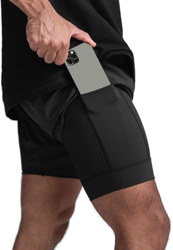 XDSP Pantaloncini da Running Uomo 2 in 1, Pantaloncini Sportivi Allenamento Estate Corsa Compressione Fitness Shorts Jogging per casa,Traspiranti Asciugatura Veloce con Tasca con Zip
