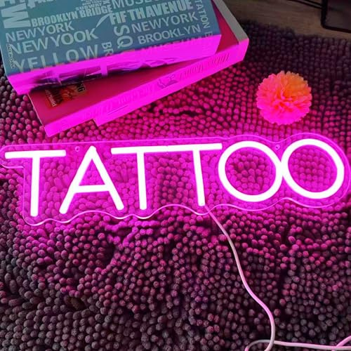 HFHungkeong Letrero de neón de tatuaje regulable, letreros de neón de persona rosa, letrero LED de tatuaje acrílico reutilizable con regulador de intensidad para salón de tatuajes, estudio, placa de