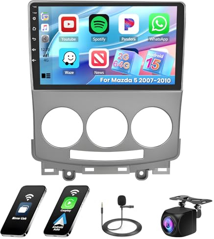 [2G+64G] Hikity Autoradio Navi Für Mazda 5 2007-2010 Android 15 Wireless Carplay 9 Zoll Bildschirm Radio mit Android Auto GPS WiFi Rückfahrkamera FM RDS DSP SWC Bluetooth MIC