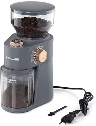 Navaris Molinillo de Café Eléctrico - Molino Regulable de Granos de Café Semillas Frutos Secos Especias - Moledor Profesional para hasta 14 Tazas - Color Gris Mate y Oro Rosa