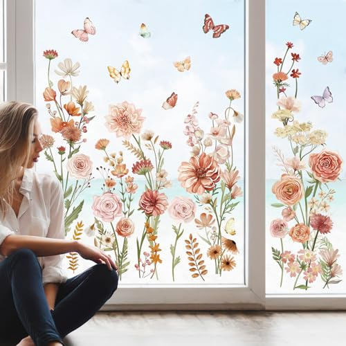 wondever Fensterbilder Blumen Boho Garten Blume Pflanzen Fenstersticker | Wiederverwendbar, Doppelseitig Statisch PVC Fensterdeko, Fenster Vogelschutz, Frühling Deko für Glas Tür Wohnzimmer Küche