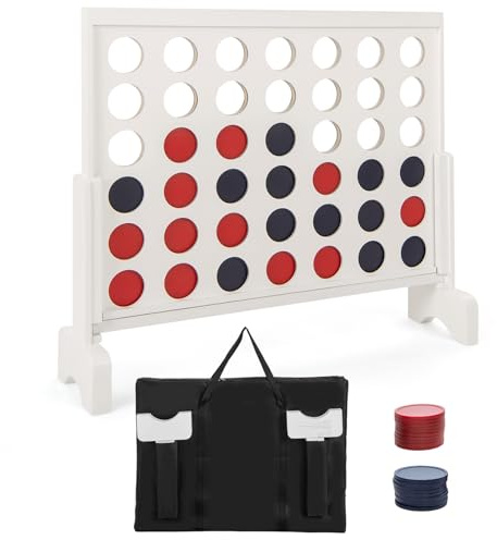 COSTWAY Giant 4-in-a-row Game Set, Wooden Jumbo 4 to Score with 42Pcs Chips, Fabric Carrying Bag, Indoor Outdoor Connect 4 for Kids Adults (White)