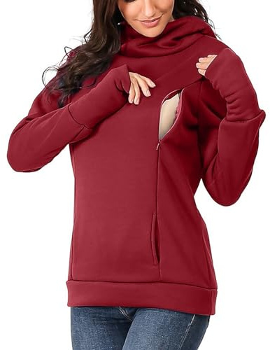 Generisch Maglione premaman da donna con maniche lunghe e cappuccio per l'allattamento, felpe e tessuti gravidanza vestito invernale, Colore: rosso, 3XL