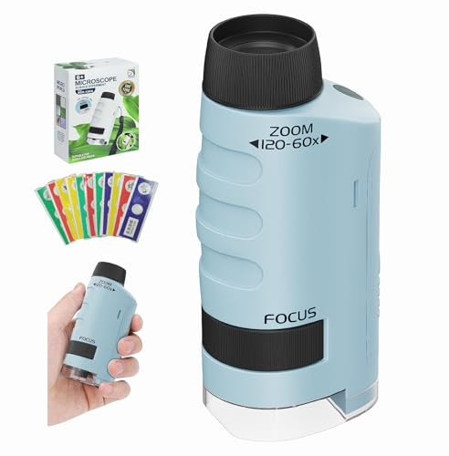 LIIGOU Miniscope für Kinder Lupe 60x-120x Mini Handy Mikroskop für Kinder Erwachsene Taschenmikroskop Kindermikroskop mit LED 12 Objektträgern Asphärischem Linsensystem