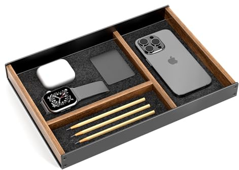 UPERGO Desk Drawer Organizer Tray, Mens Valet Made of Aluminum and Walnut, Aesthetic Desk Accessories for Office Home Supplies