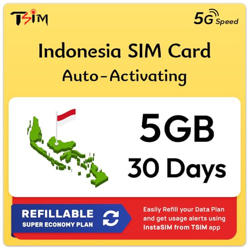 SIM Bali Indonésie | Plan Super Économie Rechargeable 5 Go ! Activation Automatique, validité 30 Jours | Vitesse 5G + Partage de Connexion | Données Uniquement, Aucun Numéro de Téléphone