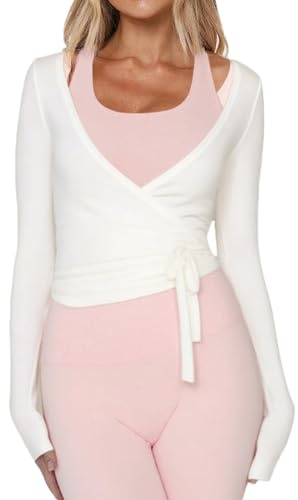 Top Avvolgente da Donna a Maniche Lunghe, con Scollo a V Profondo, Legatura Incrociata, Allenamento, Balletto, Pilates, Yoga, Bianco/Giardino opulento, S