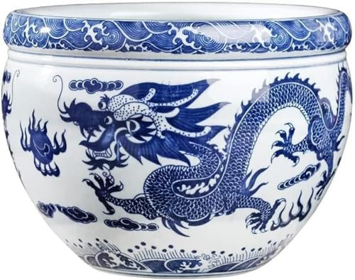 Pot de fleurs asiatique double dragon en porcelaine bleue et blanche - Grand pot de fleurs succulentes - Décoration d'intérieur - Bol à poisson chinois - Pot à bonsaï - 30,5 x 21,5 cm