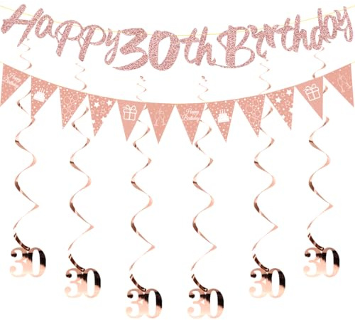 HUKUMA 30. Geburtstag Partydeko Set,Geburtstagsdeko 30 jahre,Sweet 30 Deko Luftschlangen Rosegold,Frau Girlande Spiralen, Happy Birthday Banner Deko zum 30 Geburtstag Frauen