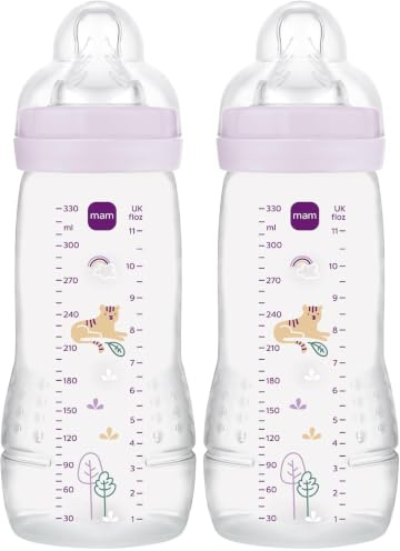 MAM Easy Active Baby Bottle, Easy-to-Grip Ergonomic Bottle, Large Learning Bottle, MAM No. 3 Silicone Teat and Leak-Proof Lid, 4+ Months, Pink, 330 ml (Lot de 2)