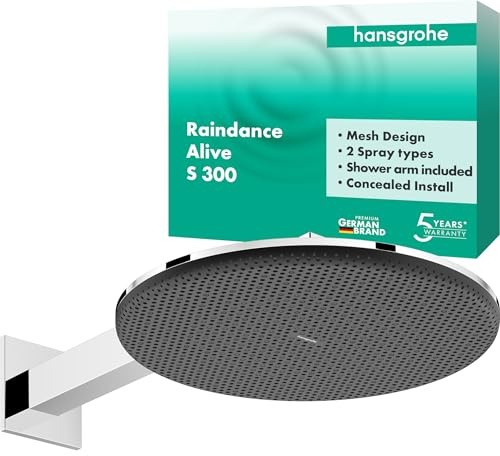 hansgrohe Raindance Alive S - Kopfbrause mit Brausearm, runde Duschbrause (300 mm), Regendusche mit 2 Strahlarten für Wandmontage, Brausekopf mit Antikalk-Funktion, Chrom, 24540000