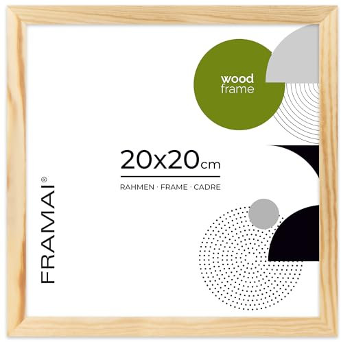 FRAMAI Cadre photo en bois naturel, avec plexiglas incassable, crochet de suspension et support, 20 x 20 cm
