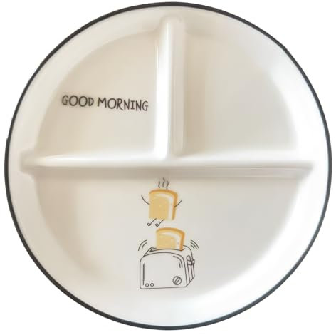 CompadreBol Piatto diviso in ceramica, Piatto da pranzo con 3 scomparti e simpatico motivo a pane per pasta, frutta, insalata, pane, adatto al microonde