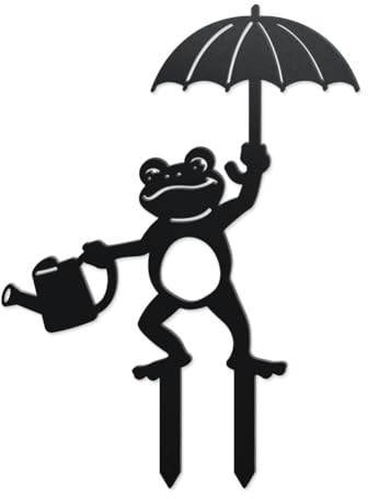 WADORN Grenouille Arroseuse avec Piquets de Jardin Décoratifs de Parapluie, Statues de Grenouilles en Métal Ornements Cadeaux pour Amoureux Décoration de Jardin Silhouette Noire, 26x36cm