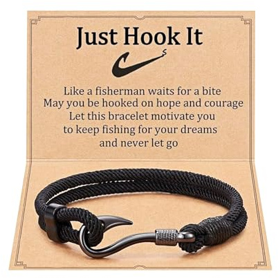 Oidea Fish Hook Bracelet for Men Women: Adjustable Stainless Steel Nylon Braided Wrap Rope Bracelet Just Hook It Fishing Gifts for Fisherman with Message Card