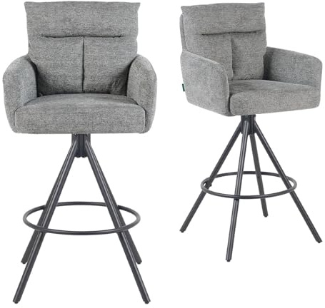 DUBI Möbel 2er Set Barhocker 360° drehbar, Barstuhl mit Rückenlehne & Armlehnen, ergonomisch gepolstert, stabiles 4-Fuß Metallgestell in Schwarz, Stoff Grau, modernes Design, Modell Lio