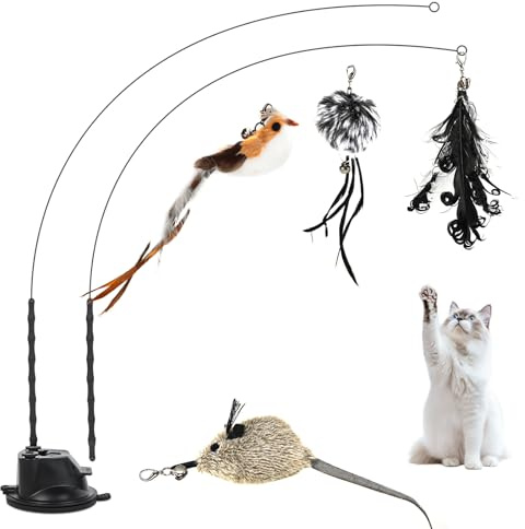 Romon Jouet Chat, Noir 7 Pièces Jouets pour Chats Interactif, Interieur Jeu à Plumes avec Ventouse, 2 Canne à Pêche, 1 Oiseaux à Clochettes pour Chaton, Cat Toys Accessoire Intelligence Chat Baguette