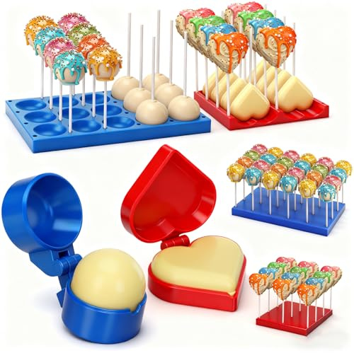 Yiyiring 2 Pack Round and Heart Cake Pop Mold Press Set with Display Stand-capable Tray, Circle Cake Pop Cutter and Pusher, Baking Tools Accessories for Home Baking, Parties, Wedding Desserts