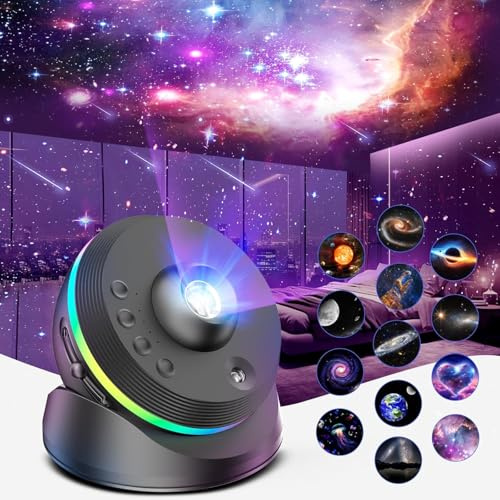 Meteor Galaxy Projektor，Lomoo 13-in-1 Sternenprojektor Planetarium Nachtlicht mit Realistischem Sternenhimmel und Farbigem Nebel, Galaxie Lampe für Kinderzimmer, Schlafzimmer & Wohnzimmer Deko - Schwa