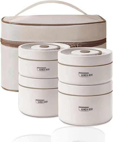 Sightday 4 Stück Thermo Lunchbox Edelstahl Mit Tasche,Thermobehälter Für Essen,Auslaufsicher Essen Warmhalten Behälter für Zuhause,Büro,Picknick(Beige-2 * 440ml&2 * 600ml)