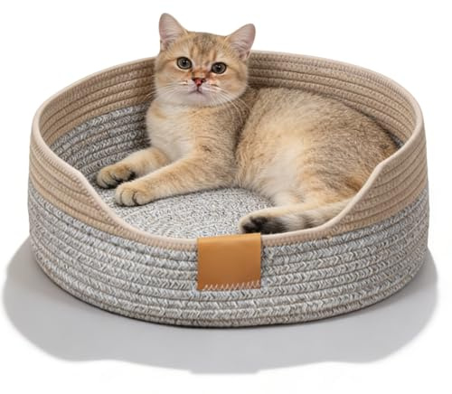 GOMETY Katzenbett 50cm Waschbar, Rundes Katzenkorb aus Baumwollseilen, Geflochtenes Katzenbettchen für Katzen & Kleine Hunde, Weiches Haustierbett Grau