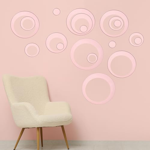 QUARKZMAN Autocollants Muraux En Miroir Acrylique Ronds, Lot De 6Pcs 13.5/10/7.5/5/3/2.5cm Miroir Doré Rose Ensemble D'Autocollants Ronds Mural Adhésif Mural Pour De Salon