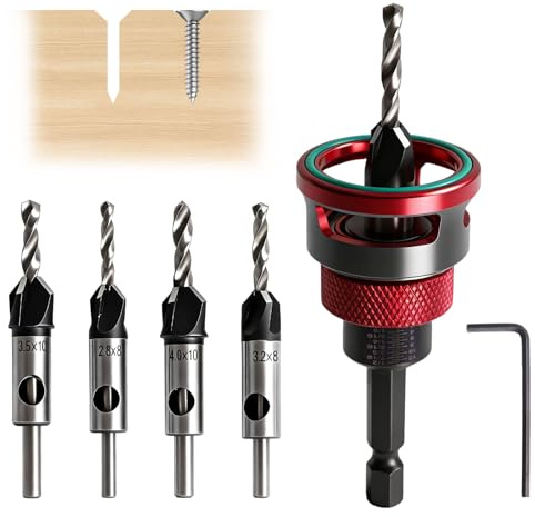 6 tlg Kegelsenker Bohrer Set, 4 HSS-M2 Bohrsenker mit 1/4 Hex Schaft & Tiefenanschlag für präzise Senkbohrungen in Holz