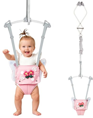 FUNLIO Baby Türhopser für 6–24 Monate (mit Türklemme), Baby Jumper mit starker Feder/verstellbarem Riemen, einfach zu montieren und zu lagern Baby Hopser, Tragfähigkeit 18 kg – Rosa Schmetterling