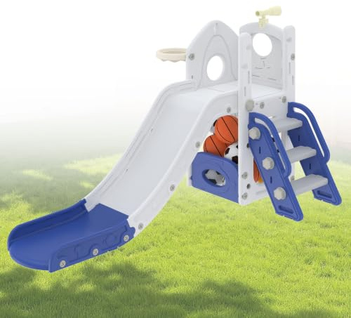 Aufun Scivolo 4 in 1 per bambini, set da gioco multifunzionale con scivolo, cestino da basket, vano portaoggetti, scala da arrampicata, montaggio senza attrezzi, stabile giocattolo autoportante