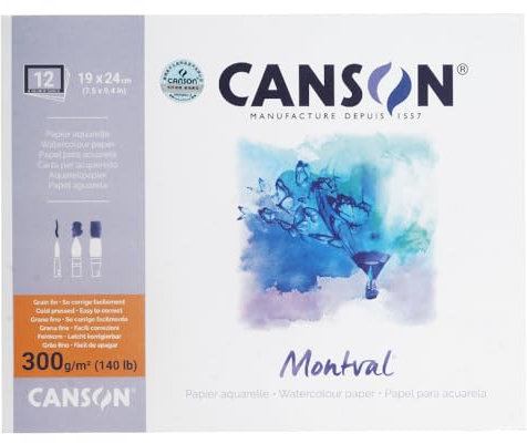 CANSON Montval, Aquarellpapier, fein, 300 g/m², rundum geleimter Block, 19 x 24 cm, Weiß, 12 Blatt