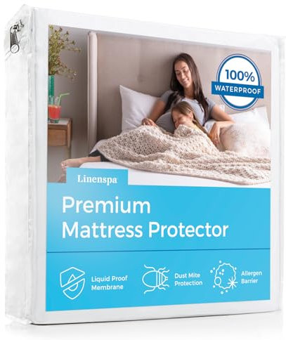 LINENSPA Premium Mattress Protector - White - Queen Size - Breathable Polyester - Fitted Style - Waterproof Design - Machine Washable & Dryer Safe - Mattress Protector for Kids, Teens, and Adults