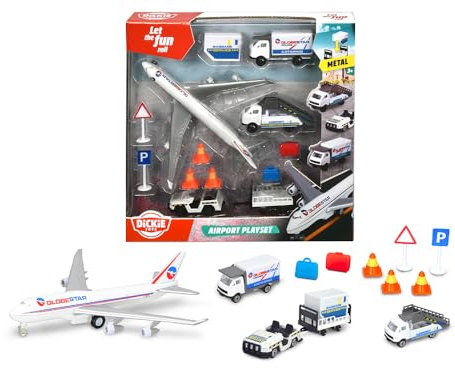 DICKIE 186390 Toys Flughafen Spielzeugset, Airport Set bestehend aus 3 Autos, 1 Flugzeug, Zubehör, gesamt 13 Teile, für Kinder ab 3 Jahren